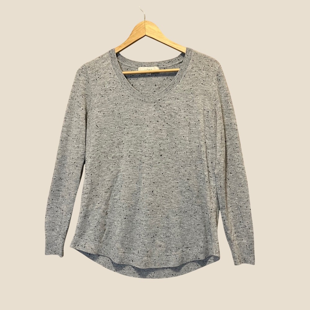 LOFT Sweater Women Medium Gray Speckled Knit Scoop Neck Pullover Casual Cozy